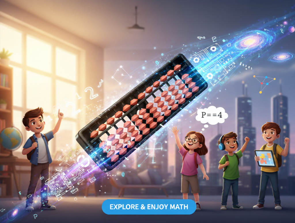Kids exploring math concepts through online abacus classes, featuring a glowing abacus surrounded by numbers and digital ,enjoying fun learning.