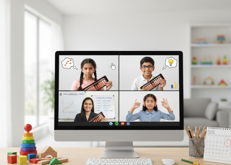 Children learning through online abacus classes on a video call with a teacher, holding abacus tools and interacting on screen with fun and learning mental math .